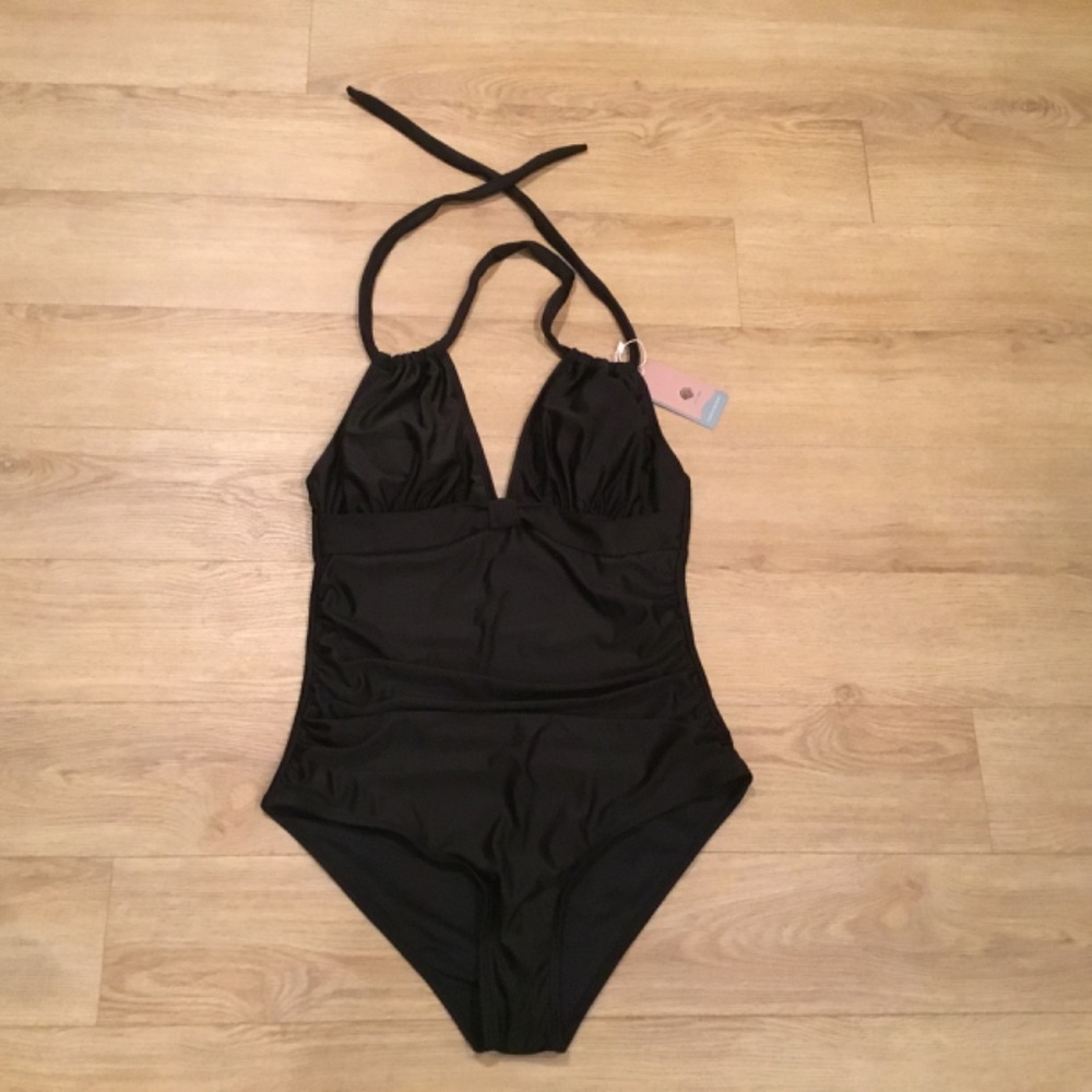 NWT Swismivo Black One Piece Halter Tummy Control Bathing Suit Size Medium - Picture 8 of 10